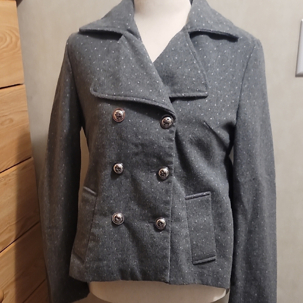 Pink Envelope Gray Pea Coat with Polka Dots Size L